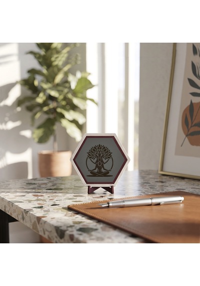 Doğadan İlham Alan Hayat Ağacı Ve Meditasyon Temalı Modern Masaüstü Objesi Yaşam Alanlarınıza Şıklık 10x10 Cm, Kül Gri