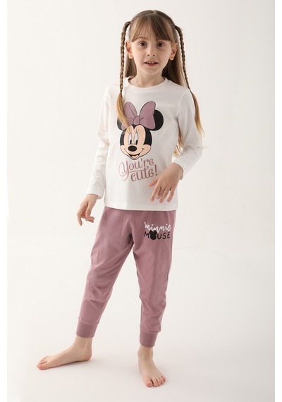 Minnie Mouse Krem Kız Çocuk Uzun Kol Pijama Takım Krem