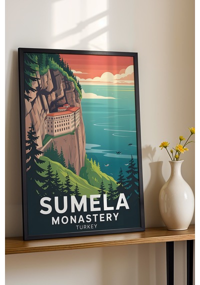 Sümela Manastırı Tablo - Retro Travel Poster - Trabzon Şehir Serisi Duvar Dekoru - Çerçeveli Poster Siyah