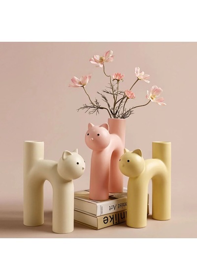 Dekoratif Beyaz Kedi Figürlü Vazo Modern Minimalist Masaüstü Çiçeklik 19x15 Cm