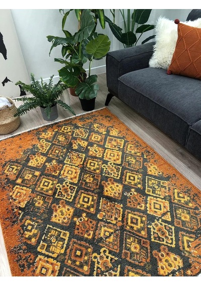 Turuncu Çift Taraflı Modern Vintage Yıkanabilir Antibakteriyel Halı - Yo015btumu