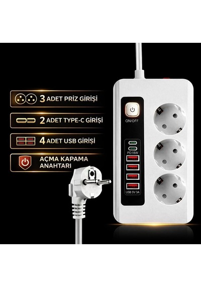 Smayling 3500w Akım Korumalı Çoklu Priz - 3 Priz Girişi, 2 Type-c + 4 Usb Port, Pd 18w Hızlı Şarj, Açma/kapama 0