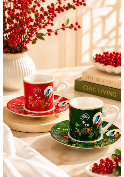 2 Kişilik Porselen Lovelybirds Kırmızı Yeşil Özel Tasarım Kahve Fincan Takımı Seti 90ml Kırmızı - Yeşil