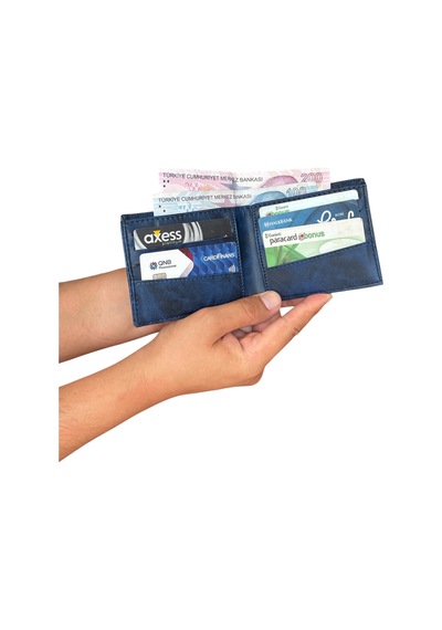 Premium Serisi Lüks Deri Özel Üretim Yatay Crazy Deri Kartlıklı Erkek Cüzdanı Lacivert