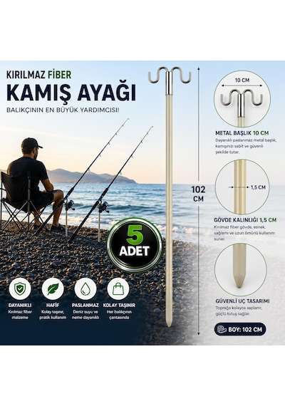 Hedyex Kırılmaz Fiber Kamış Ayağı 102 Cm Çift Başlıklı Olta Tutucu 5 Adet