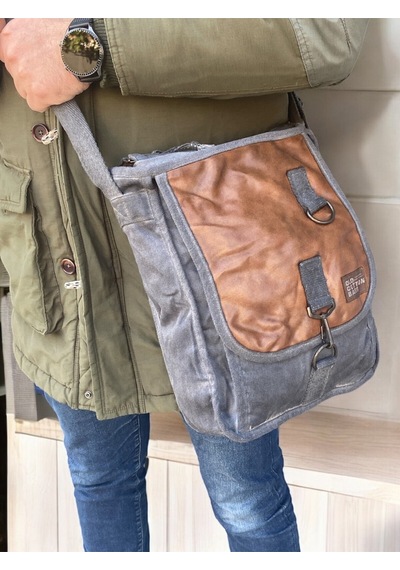 Old Cotton Cargo Vintage Salaş Kaliteli Unisex Taşlanmış Kumaş Okul Gezi Postacı Çantası 27x33cm Gri - Taba