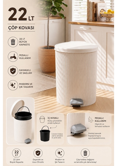 Porsima 0707-1 Still Beyaz 22 Litre Pedallı İç Kovalı Yuvarlak Mutfak & Banyo Çöp Kovası Yok