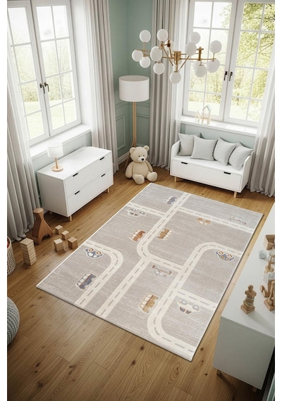 Cotto Kids Ck003g Gri Halı Araba Ve Yol Desenli Kaymaz Taban Yumuşak Yıkanabilir Çocuk Odası Halısı