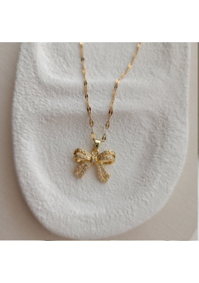 Lente Aksesuar Çelik Kararmaz Zirkon Taşlı 14k Altın Rengi Fiyonk Kolye Gold