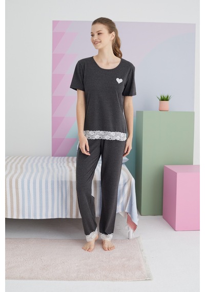Siyah İnci Pamuklu Örme Pijama Takım 24113177 Antrasit