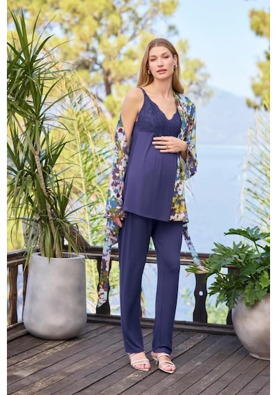Monamise 25054 Lacivert 3'lü Hamile Lohusa Pijama Sabahlık Takım