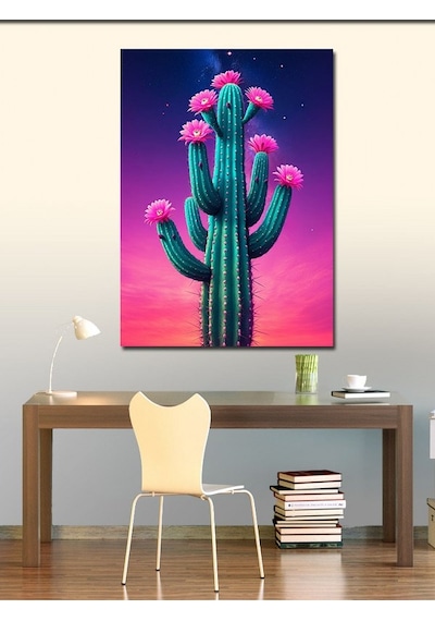 Kanvas Tablo Pembe Çiçekli Kaktüs 100cmx140cm