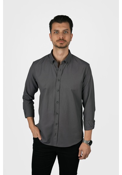 Füme Yaka Düğmeli Premium Şamre Slimfit Erkek Gömlek Füme