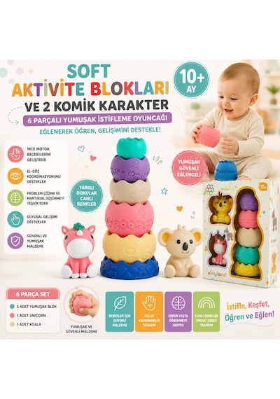 Soft Aktivite Blokları Ve 2 Komik Karakter 6 Parçalı Yumuşak İstifleme Oyuncağı Eğitici Aktivite Seti