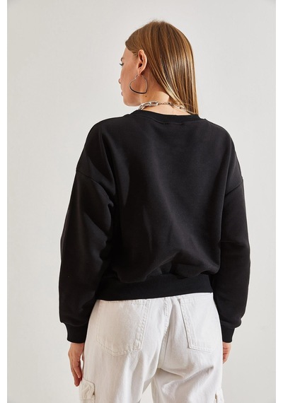 Shade Kadın Paris Baskılı Üç İplik Şardonlu Sweatshirt 40981007 - Siyah