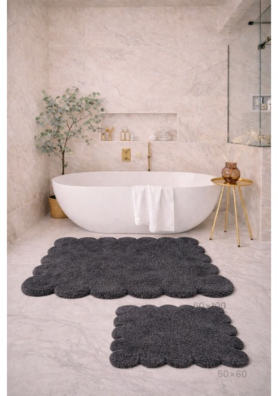 Buççin Online Mağaza Dekoratif Kaymaz Taban Papatya Kesimli Banyo Paspası, Klozet Takımı, 60x100-50x60 Cm Polyester Gümüş Çok Renkli