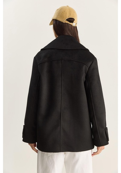 Shade Kadın Kruvaze Yaka Astarlı Kısa Oversize Kaşe Kaban 3508 60283850 - Siyah