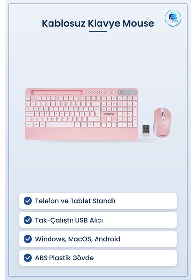 Klavye Mouse Set Kablosuz Telefon Ve Tablet Standlı Beyaz Pembe O
