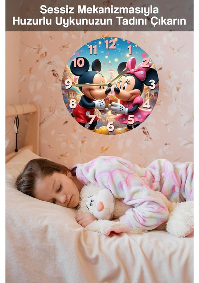Kututr Mickey &amp Minnie Temalı Renkli Mdf Duvar Saati 3d Görünümlü Sessiz Mekanizmalı 2d Hd Baskı Sdw242,s