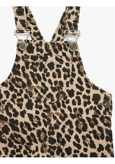 Koton Leopar Desenli Cepli Kare Yaka Askılı Denim Jile Elbise Kahverengi Desenli 7wmg80001ad
