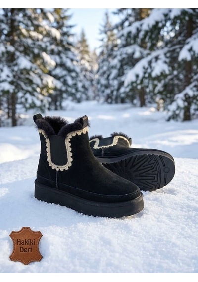 Shoetek Sirel Kadın Bot İçi Kürklü Kenar Triko Örgü Hakiki Deri Süet Siyah