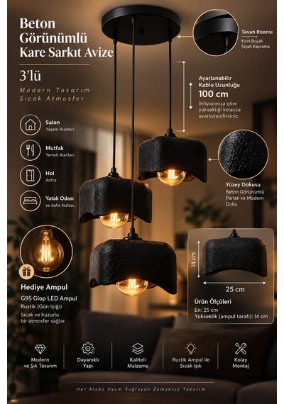 Beton Görünümlü 3'lü Kare Sarkıt Avize Modern Bohem Salon Yemek Masası G95 Rustik Led Ampul Hediyeli Siyah