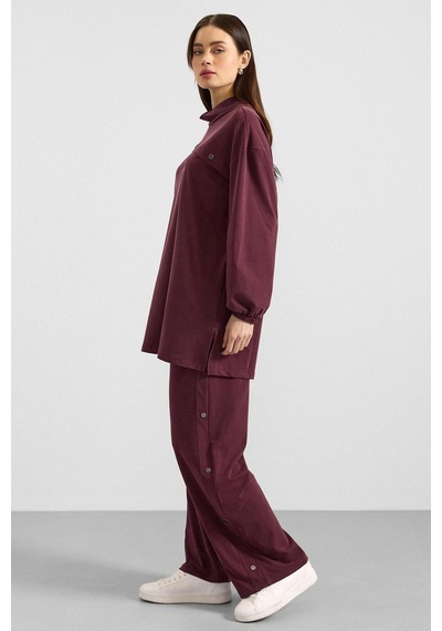 Olcay Metal Aksesuarlı Premium Kumaş Sweat Pantolon Takım Bordo 9404-tk