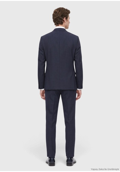 Ramsey Lacivert Kareli Modern Fit Yün Karışımlı Takım Elbise