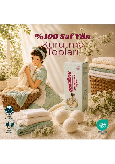 Pakzone %100 Saf Yün Çamaşır Kurutma Topları Doğal Yumuşatıcı Kurutma Makinesi İçin 3 Adet