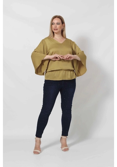 Moda Berray 3183yy Yağ Yeşili Beli Lastikli Bol Kol Bluz Yağ Yeşili