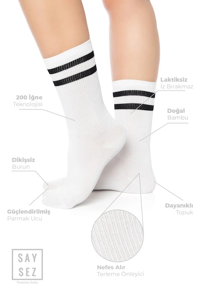 Saysez Bambu Unisex Tenis Kolej Çizgili Siyah-beyaz-gri Dikişsiz Çorap 3