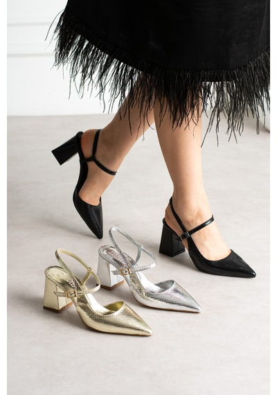 Dabab Shoes Tamara Kadın Siyah Yılan Desenli Sivri Burun Bilekten Bantlı 7 Cm Kalın Topuklu Slingback Ayakkabı