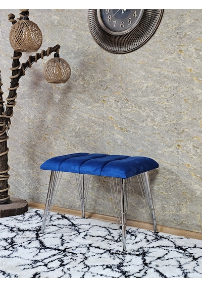 Zafir Metal Krom Tel Ayaklı 60 Cm Puf Bench - Puf - Bench - Oturak - Mutfak Oturağı - Antre Oturağı Mavi