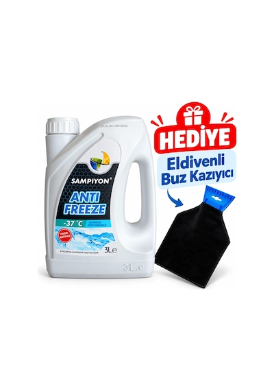 Şampiyon Süper Antifriz -37 C Mavi Antifriz 3 Lt. - Eldivenli Buz Kazıyıcı Hediyeli