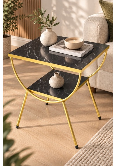 Sulorahome Gold Metal Yan Sehpa Bendir Siyah Mermer Desenli Siyah - Altın