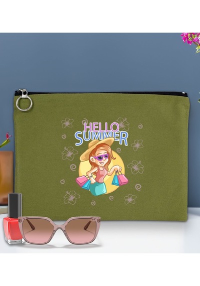 Bk Gift Yaz Temalı-2 Astarlı Yeşil Portföy Çanta 30x21cm, Baskılı El Çantası, Organizer Çanta