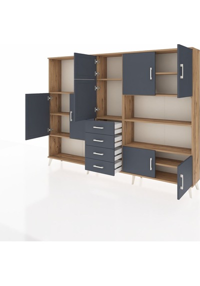 Arges Dolap 9 Raflı 4 Çekmeceli 8 Kapaklı 220x30x163 Çam-antrasit Çam-antrasit