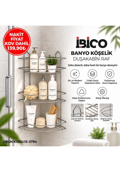 Üç Katlı Üçgen Metal Banyo Köşeliği Krom Çok Renkli