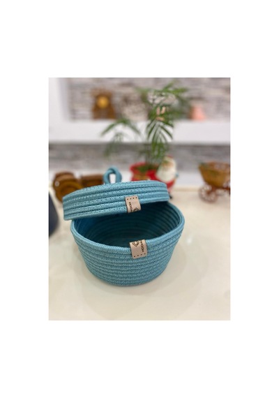 Hasır Jüt Sepet Oval Kapaklı Organizer Düzenleyici 30x20x10 Cm Turkuaz Turkuaz