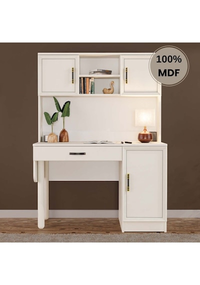 Kardelen Mdf Kitaplıklı Dolaplı Çalışma Masası Krem