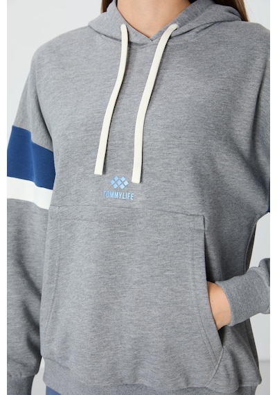 Tommy Life Gri Melanj Kompakt Pamuklu Kalın Pürüzsüz Dokulu Kapüşonlu Oversize Fit Kadın Sweatshirt - 97290 Gri Melanj