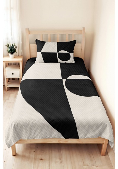 Siyah Geometrik Modern Tek Kişilik Pike Takımı - Beyaz Minimal 160x220 Cm Mevsimlik Yatak Örtüsü Ahenkli Güneş Tonu
