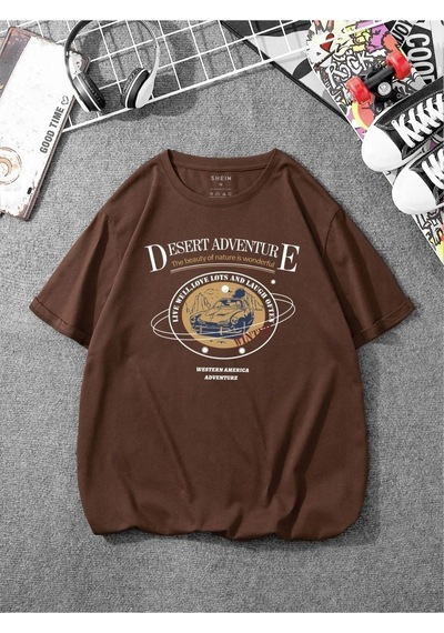 Altamira Unisex Kahve Desert Adventure Baskılı Oversize T-shirt 001