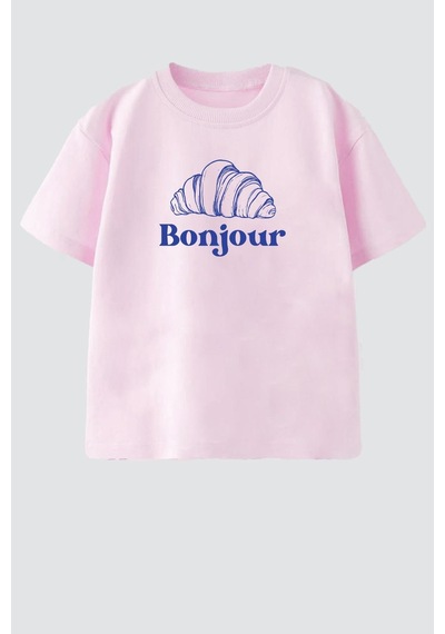 Monila Kız Çocuk Pamuklu Bisiklet Yaka Kruvasan Baskılı T-shirt Pembe