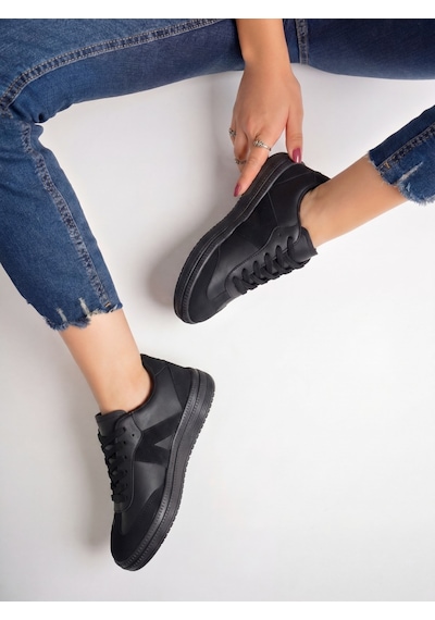 Kadın Sneaker Yüksek Taban Ortopedik Bağcıklı Spor Ayakkabı Retro Siyah 011