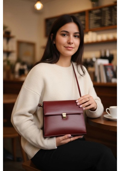 Nerasy Bordo Cilt Vintage Tasarım Kadın Omuz Çantası Bordo Cilt