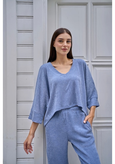Reglan Kol Bol Kesim Bluz Mavi