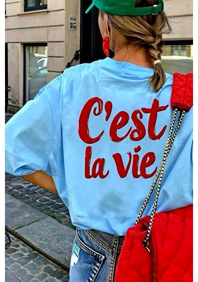 C'est La Vie Yazılı Oversize Kadın T-shirt Turkuaz