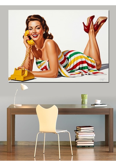 Vintage Pin-up Telefonla Konuşan Kadın Dekoratif Kanvas - Mdf Ahşap Tablo