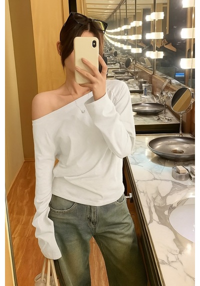 Siyah Beyaz 2 Li Paket Kadın Düşük Omuz Kayık Yaka Oversize Uzun Kollu T-shirt Beyaz - Siyah